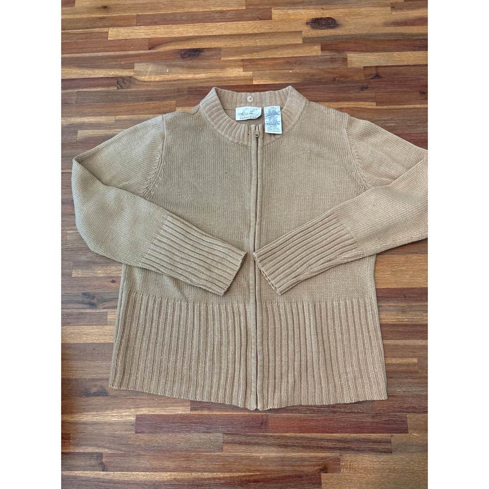 Kathie Lee Cardigan Women Small Tan Excellent Zip Up Ribbed Knit Ramie Cotton